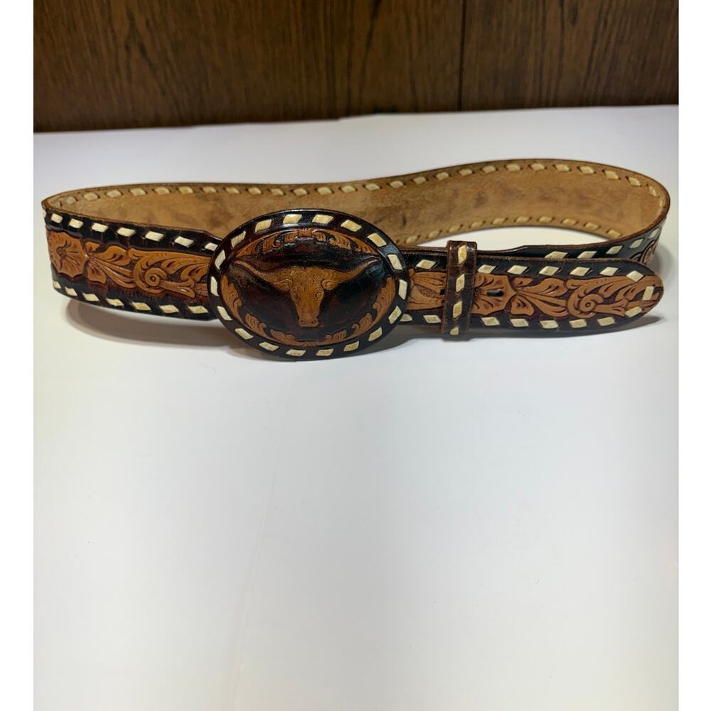 Chambers Western Longhorn Tooled Leather Belt Size 32 Hand Laced Oval Buckle